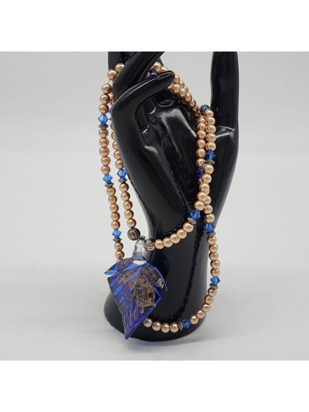 Two Strand Pendant Necklace Blue Murano Style Glass Leaf Faux Pearl Crystal - Picture 2 of 10